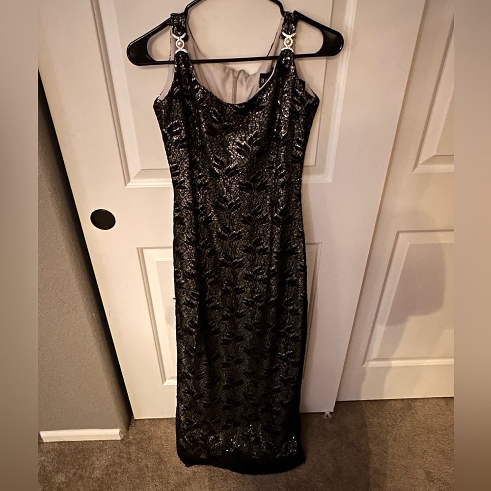 Vintage Bari Jay Black and Silver Long Evening Gown with Pearl Detail Size 11/12